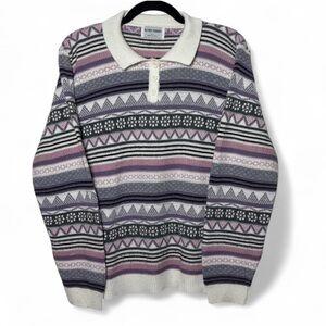 Alfred Dunner Fair Isle Sweater Women’s Large Purple Gray White Collared Knit